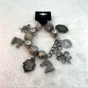 Beaded Silver Tone Elastic Charm Bracelet